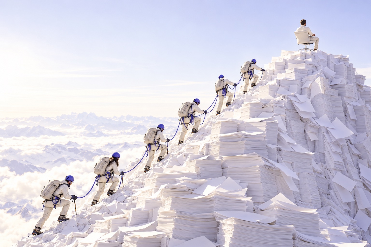 An alpine rescue team climbs a mountain of blank paper to reach an office worker sitting at the summit.