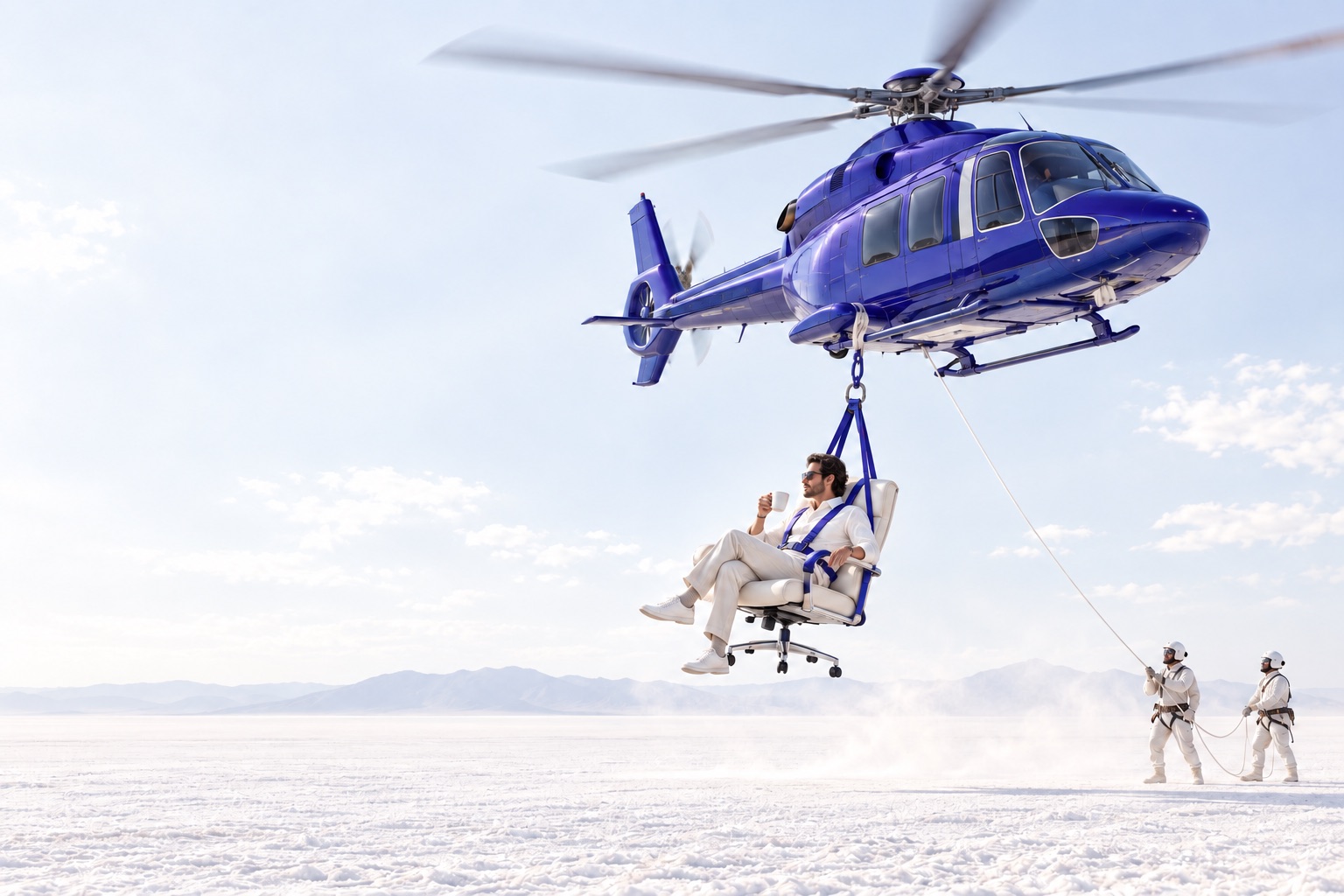 An indigo helicopter airlifts a calm office worker in his chair. He is still drinking his coffee.