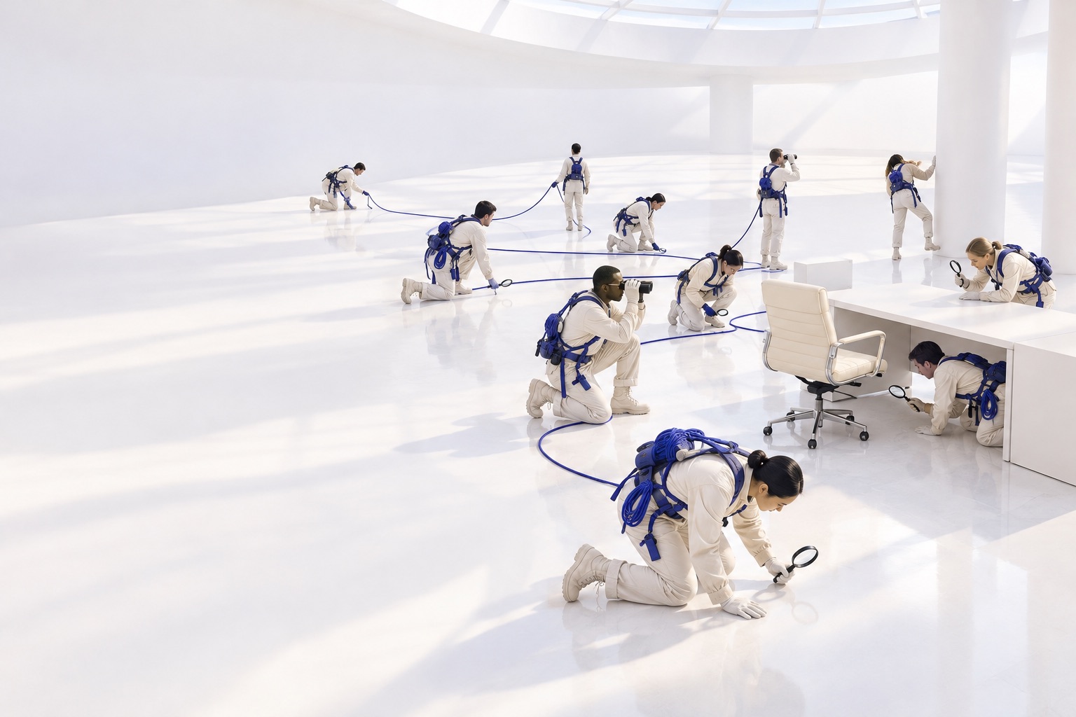 An elaborate search party with ropes and magnifying glasses searches a nearly empty white office.