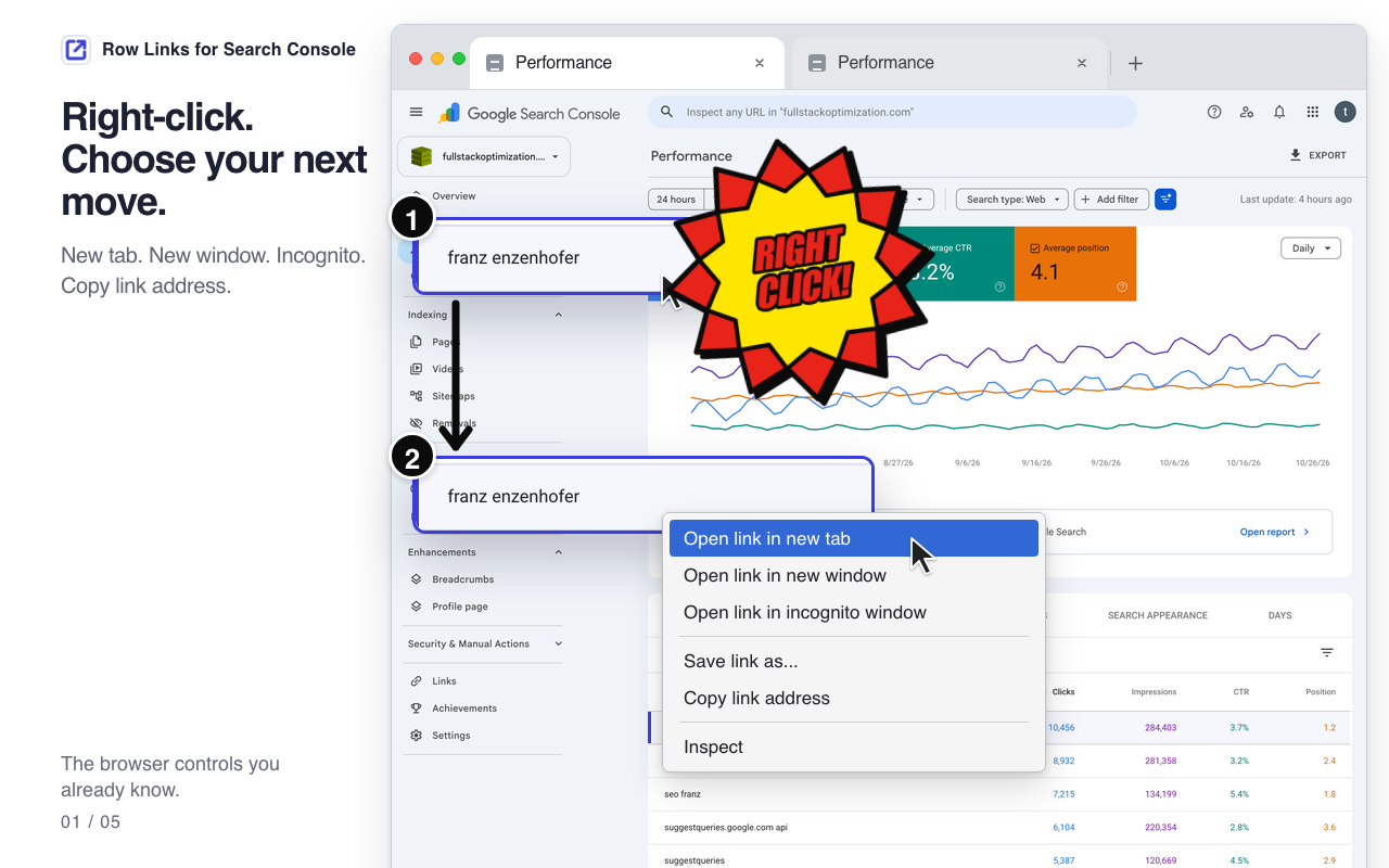 The original Search Console report remains open, with a drilldown in a separate background tab.